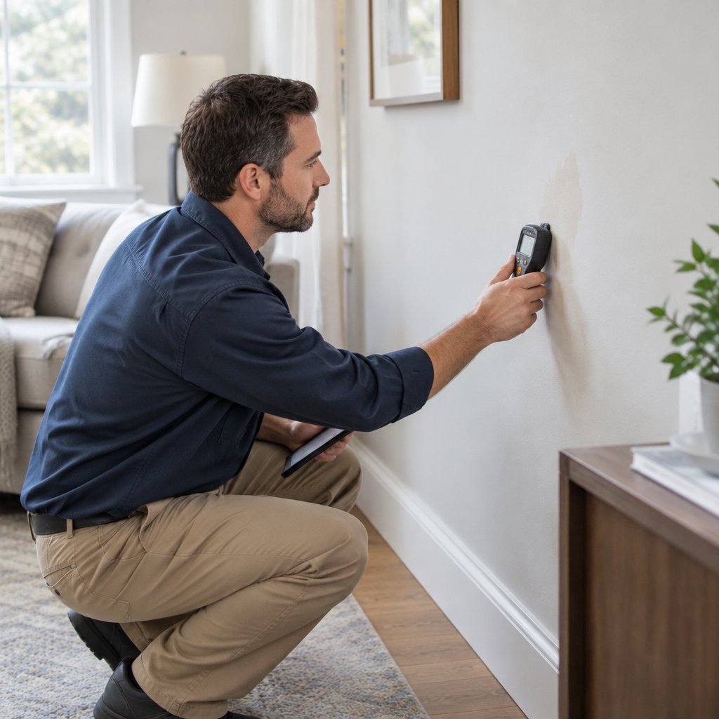 Home inspector checking a wall for signs of moisture in a residential home